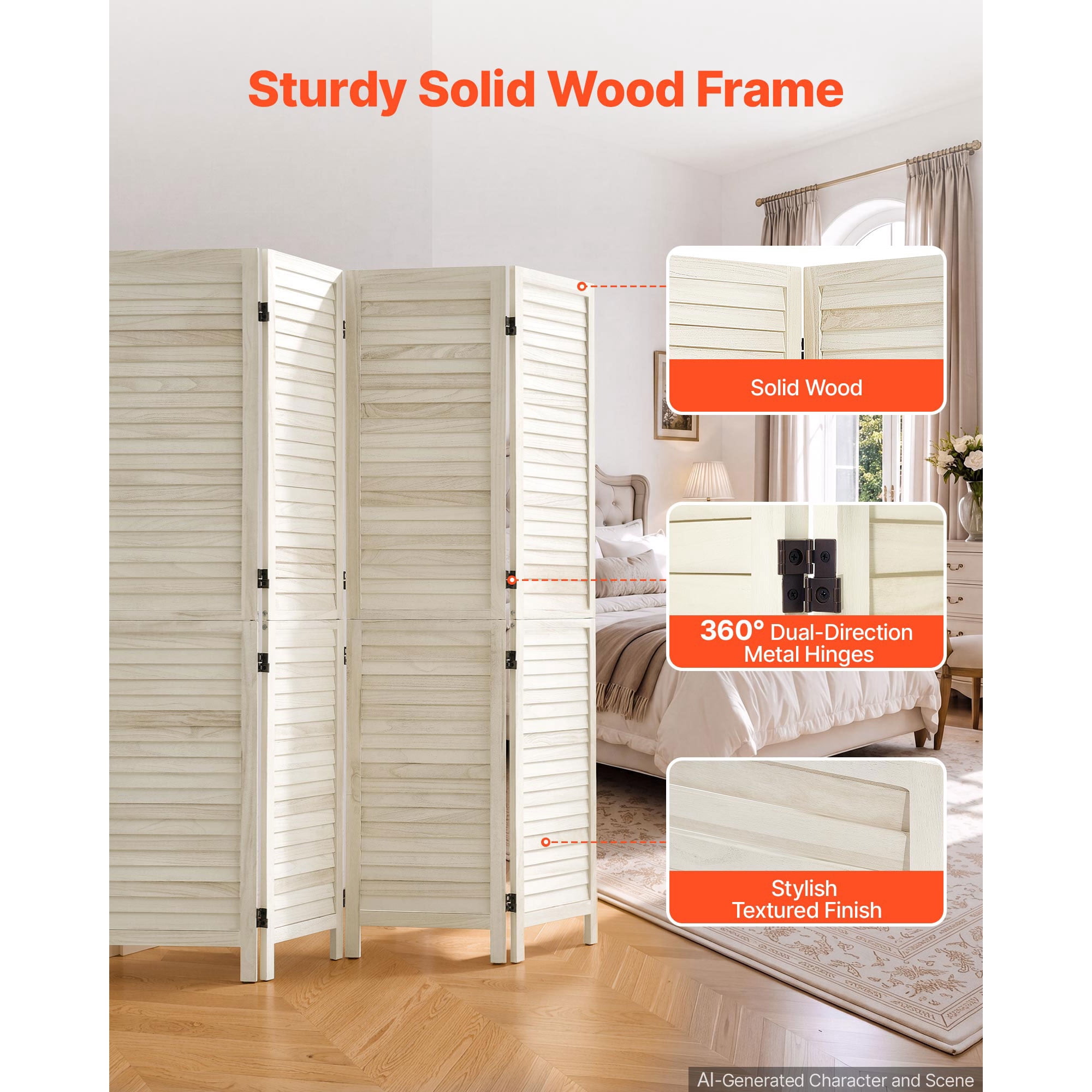 KFFKFF Wood Room Divider with 4 Panels, 67-inch Tall Folding Privacy Screen for Home Decoration and Space Separation, Durable Wooden Frame, 360° Dual-Directional Hinges, Simple Assembly