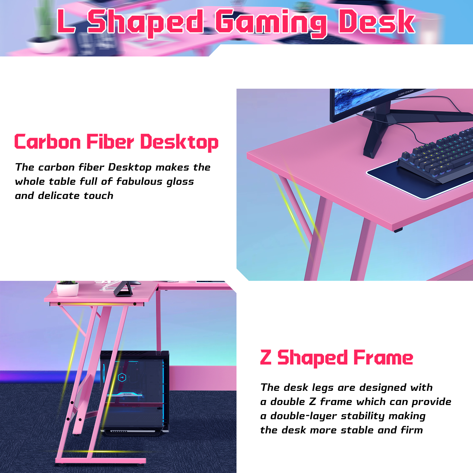 Dkelincs L Shaped Gaming Desk, 50.4" Corner Computer Desk PC Game Table with Monitor Stand Large Desktop for Home Office Study Writing Workstation, Pink