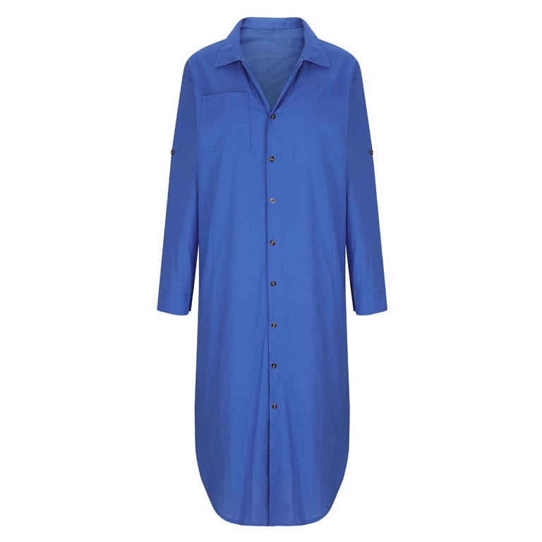 chinese dress ladies Womens Solid Slit Maxi Shirt Dress Collared Neck Long Sleeve Button Up