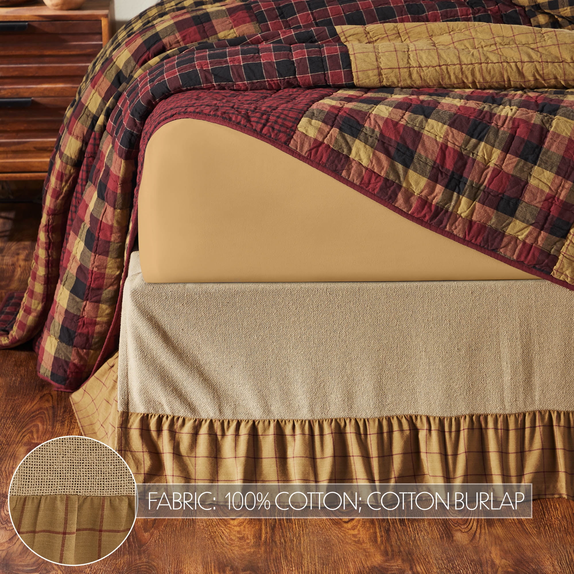 VHC Brands Connell Rustic Farmhouse Burlap Windowpane Plaid Ruffled Queen Bed Skirt Burgundy Tan 68x80x16