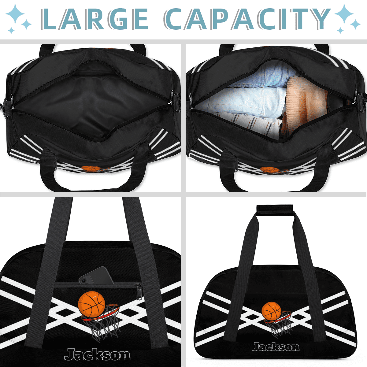 Herdesigns Personalized Basketball Duffel Bag Sport Bag Custom Gym Bag with Name, Dance Bags Weekender Bags Overnight Bags Travel Bag, Black