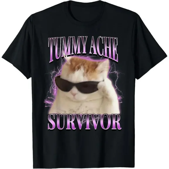 100% Cotton I Survived Today's Tummy Ache Silly Cat Meme T-Shirt Funny Saying Graphic Tee Vintage Cute Humor Short Sleeve Soft Cotton Comfortable for Adults Kids C Golf Gift T-Shirt For Men and Women