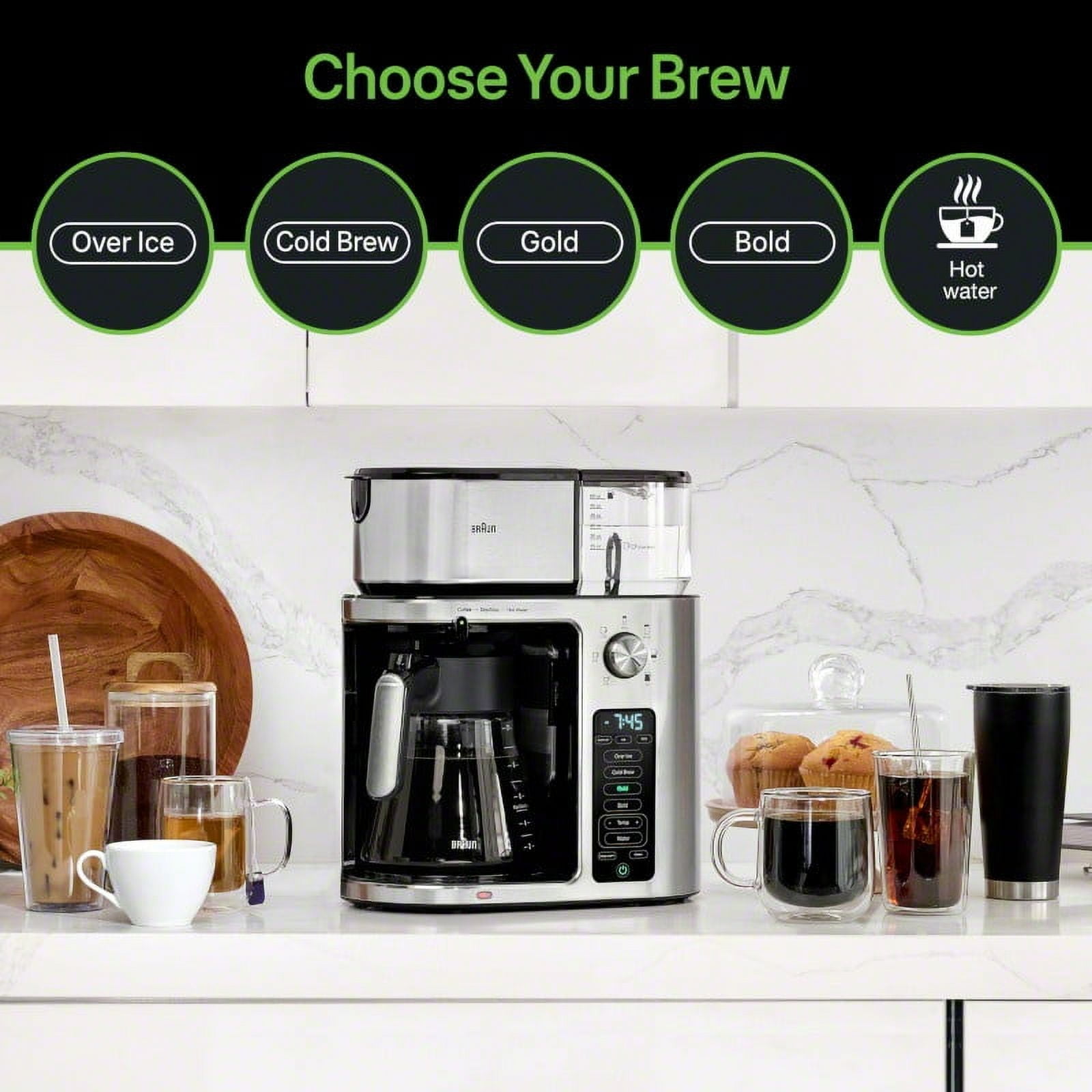 Braun MultiServe Plus 10- Cup Pod Free Drip Coffee Maker, 7 Brew Sizes / Hot & Cold Brew & Hot Water for Tea, Stainless steel KF9370SI