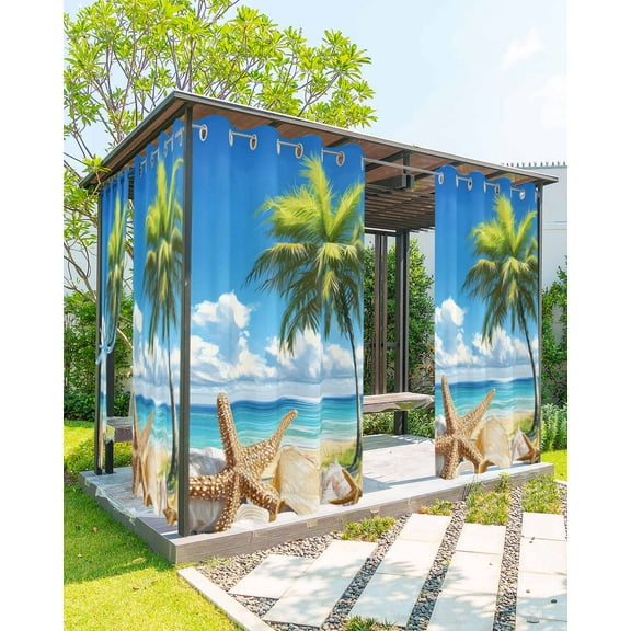 nqOlkjepod Outdoor Curtains for Patio Waterproof, Beach Blue Outdoor Privacy Panels Grommet, Starfish Palm Tree Shell Sandy Beach Blackout Outside Curtains for Porch/Cabana/Pergola 54"x108", 1 Panel