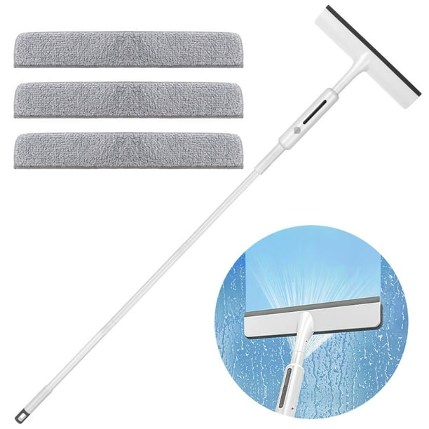 Escobilla de goma para limpieza de ventanas con spray, kit de lavado de ventanas 3 en 1 con barra de extensión y 3 paños de microfibra, fregona para limpieza de ventanas, limpiador del hogar para vent