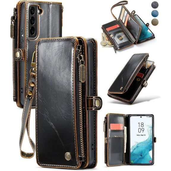Galaxy S22 Case, Samsung Galaxy S22 Case Wallet for Women Men, Vintage PU Leather Magnetic Flip Strap Wristlet Zipper Card Holder Wallet Phone Case for Samsung S22 5G (6.1"), Luxury Coffee