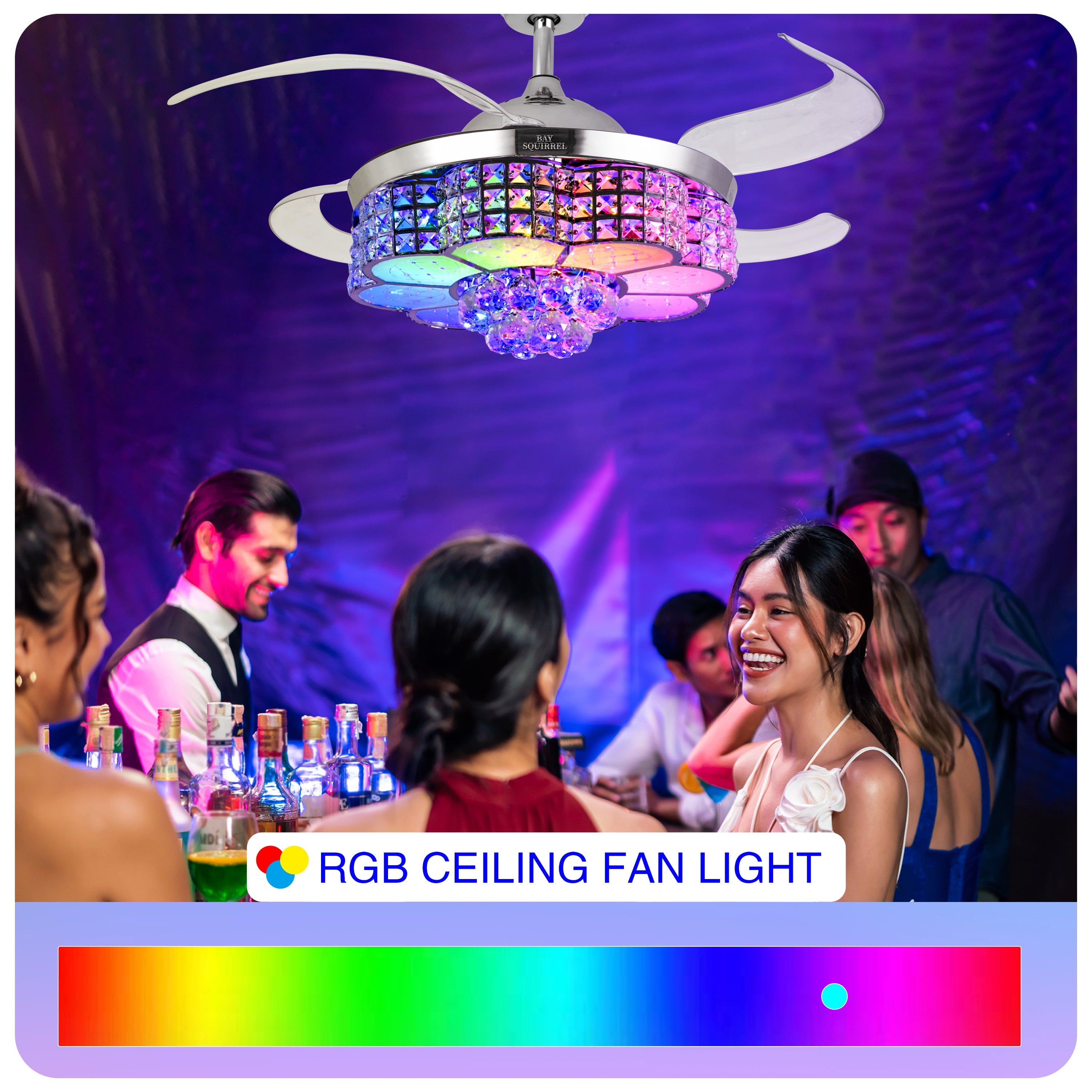 BAYSQUIRREL Retractable Crystal Ceiling Fan with RGB LED Light, Bluetooth Speaker, Remote/APP Control, 6 Speeds & Reversible Blades