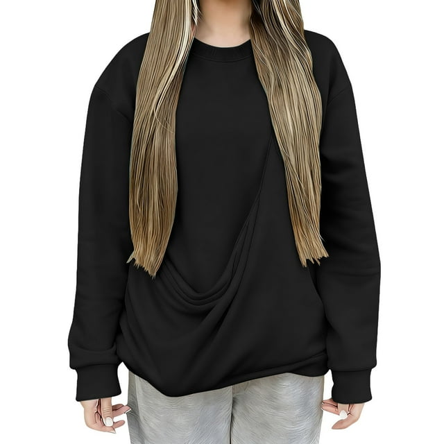 Duoif Chandails d'Automne pour Femmes, Haut de Mode pour Femmes - Chandail Décontracté à Col Rond avec Poche Chandail pour Femmes Noir TG