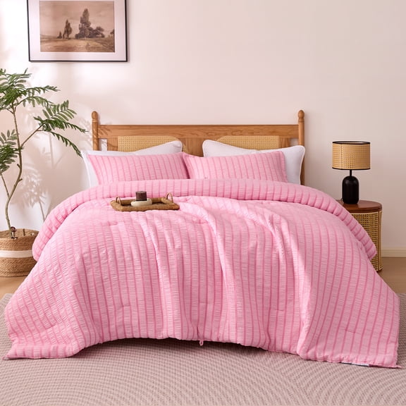 Sleep Zone Seersucker Stripe Comforter Set Twin/Twin XL, OEKO-TEX Ultra-Soft Down Alternative Bedding, All-Season Breathable, Stay-Put Corner Loops, Machine Washable (Pink, Twin/Twin XL)