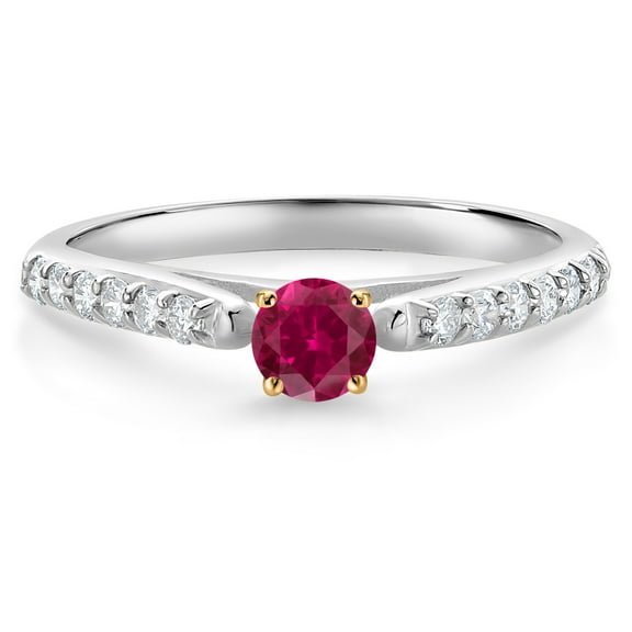 Gem Stone King 10K White and Yellow Gold Red Created Ruby and White Lab Grown Diamond Engagement Ring for Women (0.43 Cttw, Gemstone July Birthstone, Round 3.5MM, Size 8)