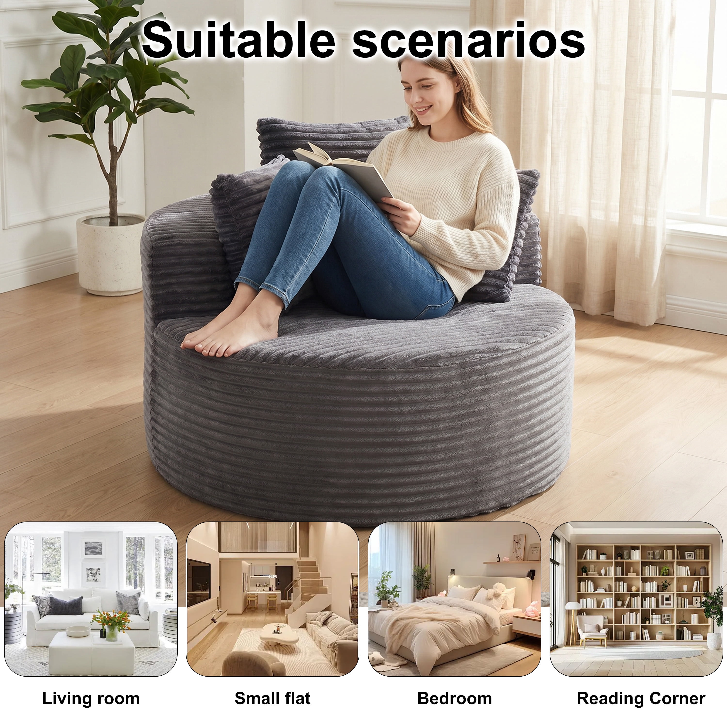 43-Inch Round Corduroy Single Sofa, Comfortable Lounge Chair, Comes With Three Pillows, Minimalist Design, Perfect For Bedrooms, Lounges, Game Rooms, And Living Rooms
