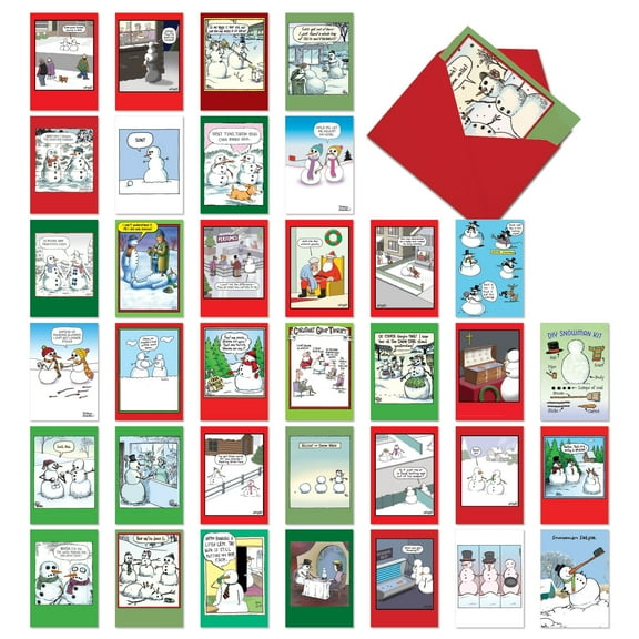 NobleWorks 36 Assorted Box Set Funny Christmas Greeting Cards w/5 x 7 Inch Envelopes (36 Designs, 1 Each) Snowman Mania AC10703XSG-B1x36