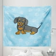 thumbnail image 1 of Dachshund Tapestry, Puppy Cartoon with Happy Expression on Its Face Paw Print Background, Fabric Wall Hanging Decor for Bedroom Living Room Dorm, 5 Sizes, Blue Brown Dark Taupe, by Ambesonne, 1 of 1