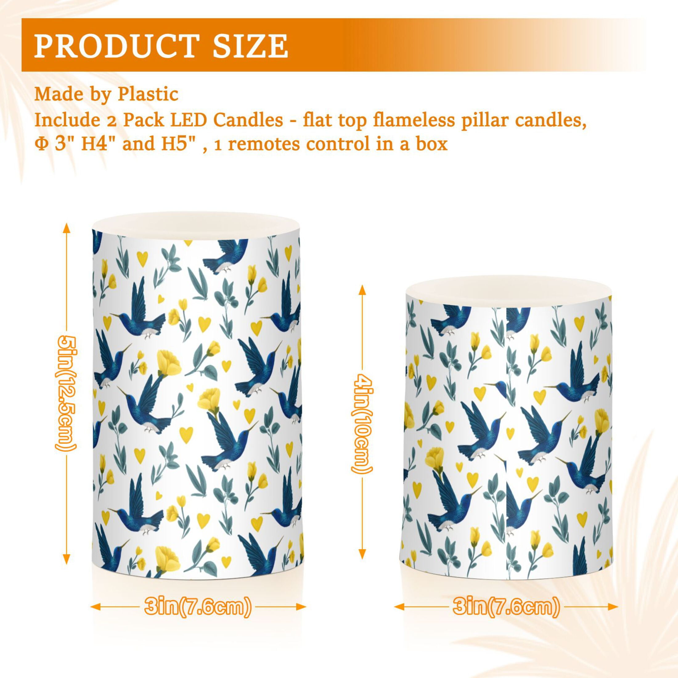 Blue Hummingbirds and Yellow Hearts Pattern Flameless LED Candle Set with Remote, Battery Operated Color Changing Pillar Candles, Set of 2