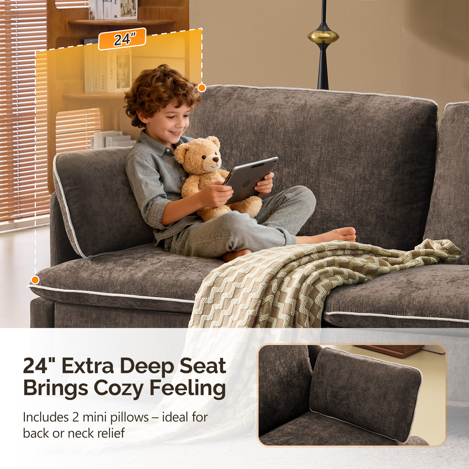Ktaxon 84" Sofa, Linen Fabric Deep Seat Couch with Lumbar Pillows, Oversized Loveseat for Small Spaces, Living Room Brown