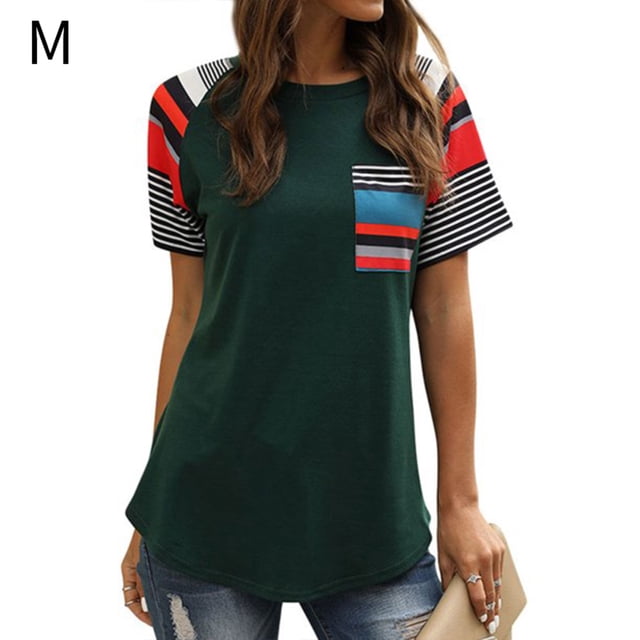 Camiseta de mujer Camiseta de manga corta con estampado de rayas Camiseta casual de verano, Verde, M Kearding AP001701-07