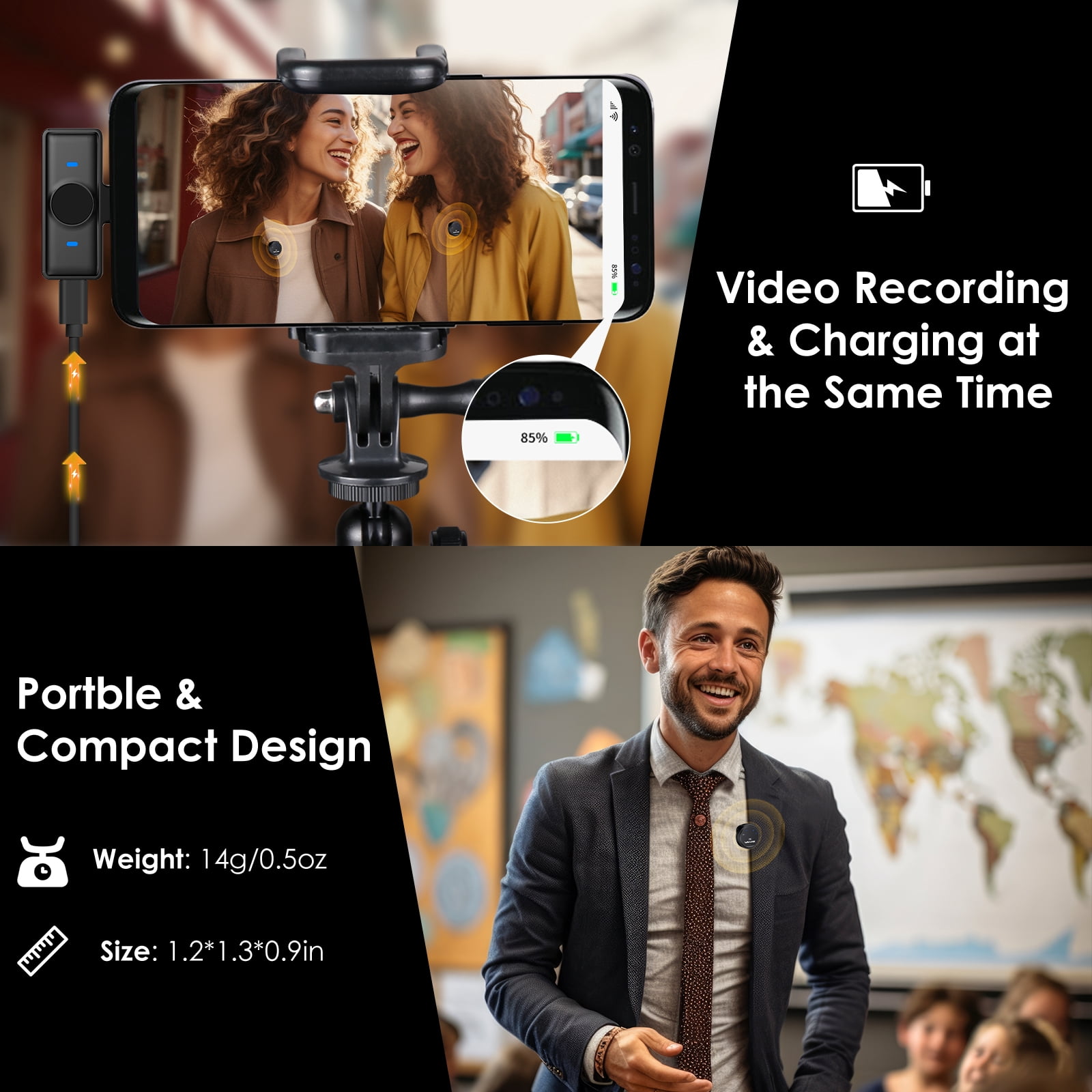 WAVLINK Wireless Microphone, Dual Wireless Mic with USB Battery Case for phone Vlog/Video Recording