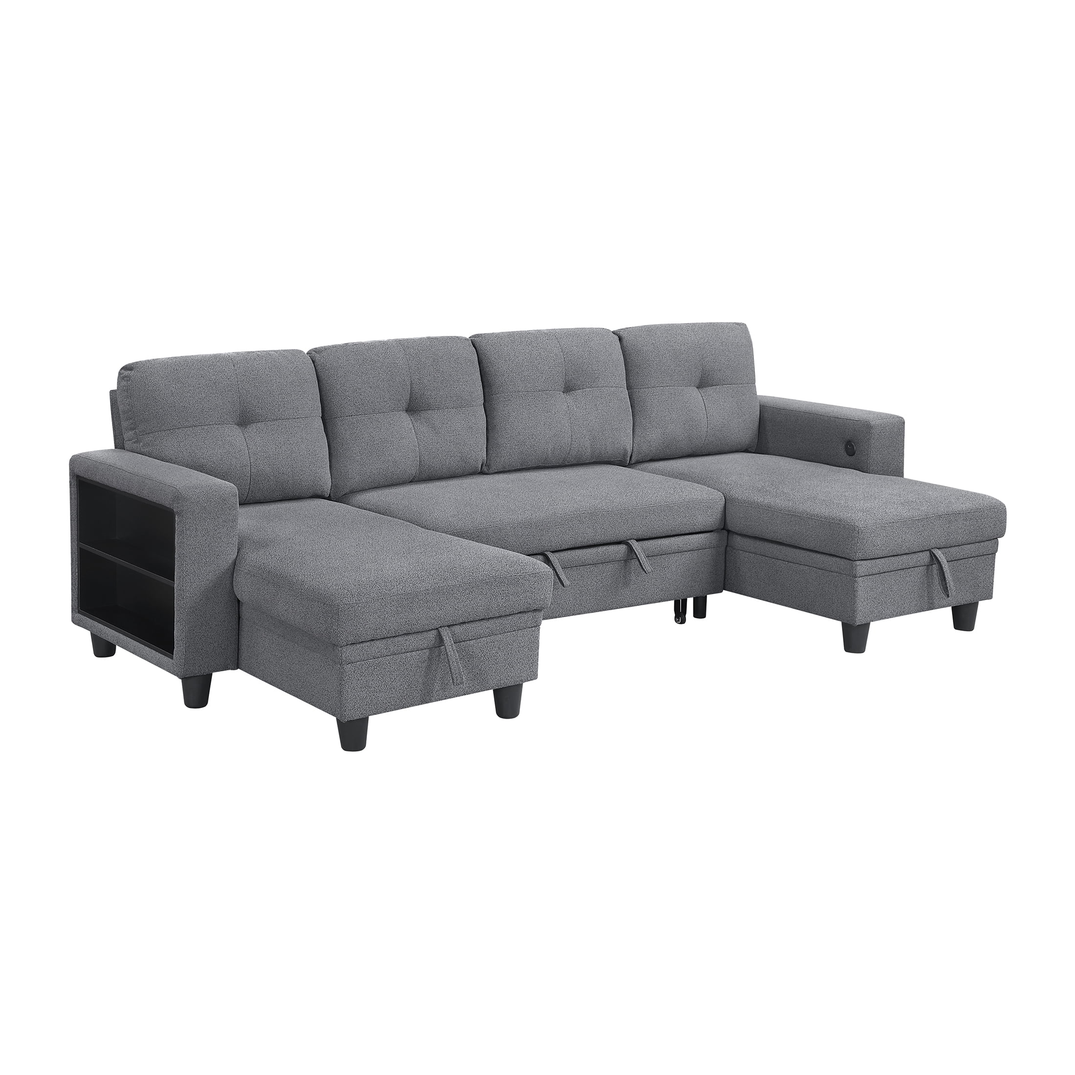 OakvillePark Vessarion Boucle Sectional with Two Chaises, Pull-out Bed, Shelves and Charging Ports, Gray