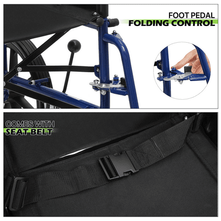 Magshion Folding Transport WheelChair, Foldable Rollator Chair with Swing-Away Footrests, Flip Back Backrest and Parking Brake for Adults, Disabled, 300lbs Weight Capacity, Blue