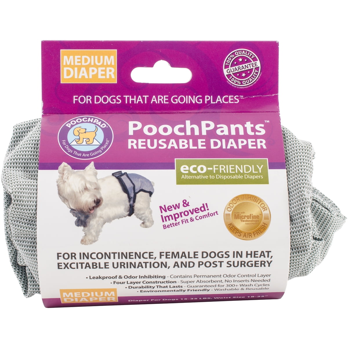 PoochPants Reusable Dog Diaper, Medium, 15 To 32 lbs
