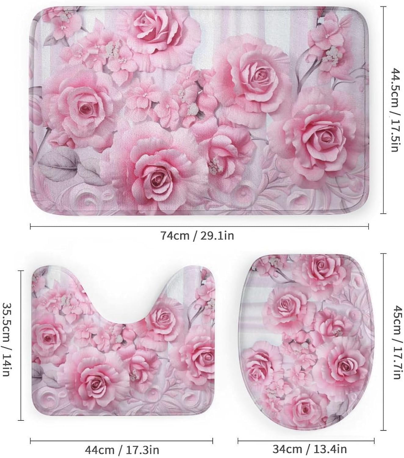 Beautiful Pink Roses Shower Curtain Sets with Rugs Toilet Lid Cover and Bath Mat Colorful Romantic Floral Shower Curtains with 12 Hooks Waterproof 4 Piece Bathroom Decor Set