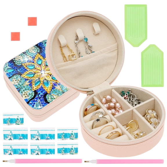 Wekvgz 2 Pcs DIY Diamond Art Jewelry Storage Box for Girls and Women Portable Diamond Art Jewelry Organizer for Travel and Daily Square and Round