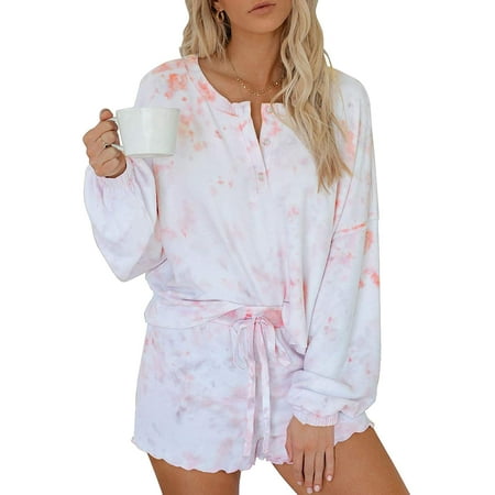 Womens Tie Dye Printed Ruffle Short Lounge Set Long Sleeve Tops and ...