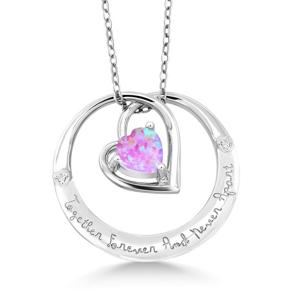 Gem Stone King 0.76 Ct Heart Shape Pink Simulated Opal White Diamond 925 Sterling Silver Together Pendant