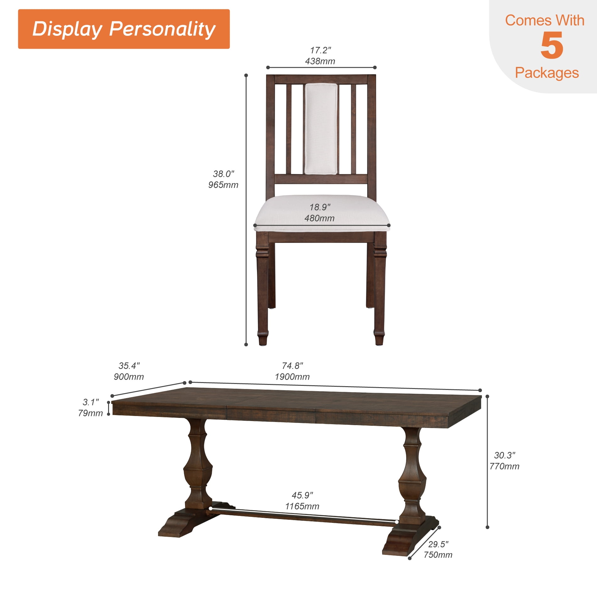 WAMPAT 7-pieces Farmhouse Dining Table Set for 6-8,74.8" Kitchen Table with Chairs,Solid Wood Legs and Upholstered Back for Dining Room & Living Room,Brown