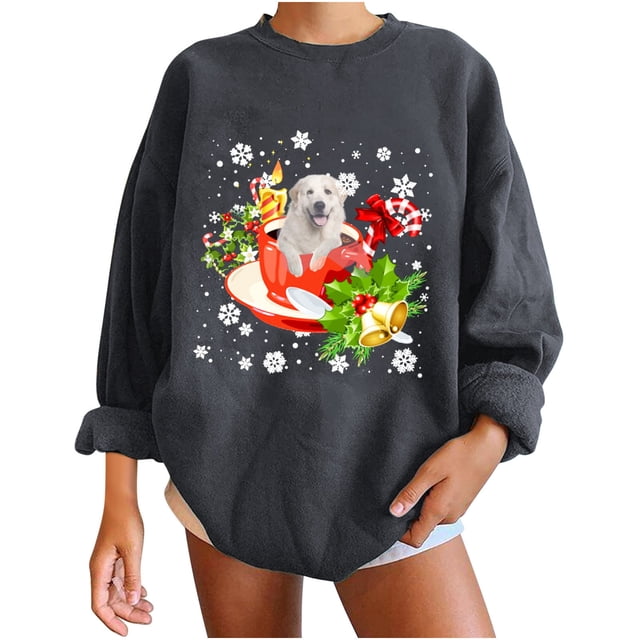Sudadera holgada con estampado clásico de perro de Navidad de invierno para mujer Fridja fksj2338