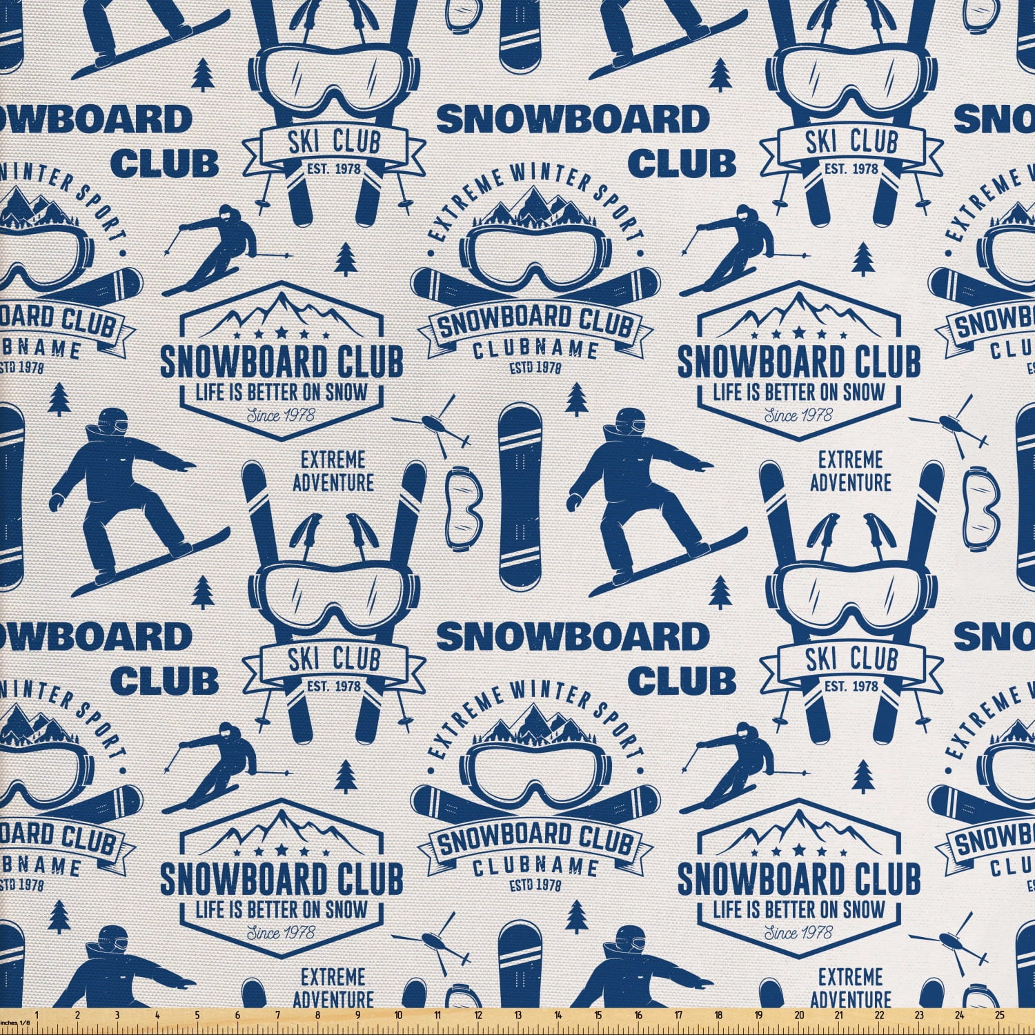 Ski Pattern Fabric by The Yard, Snowboard Club Repetition with Skiing