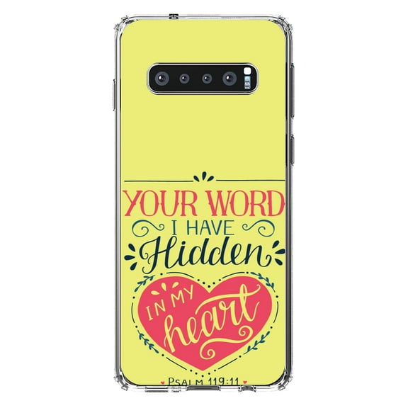 DistinctInk Clear Shockproof Hybrid Case for Samsung Galaxy S10 (6.1" Screen) - TPU Bumper, Acrylic Back, Tempered Glass Screen Protector - Psalm 119:11 - Your Word I have Hidden in My Heart