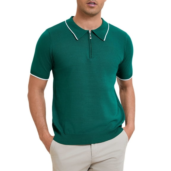 INSPIRE CHIC Men's Formal Polo Solid Color Short Sleeved Zipper Slim Fit Classic Polo Shirts M Green