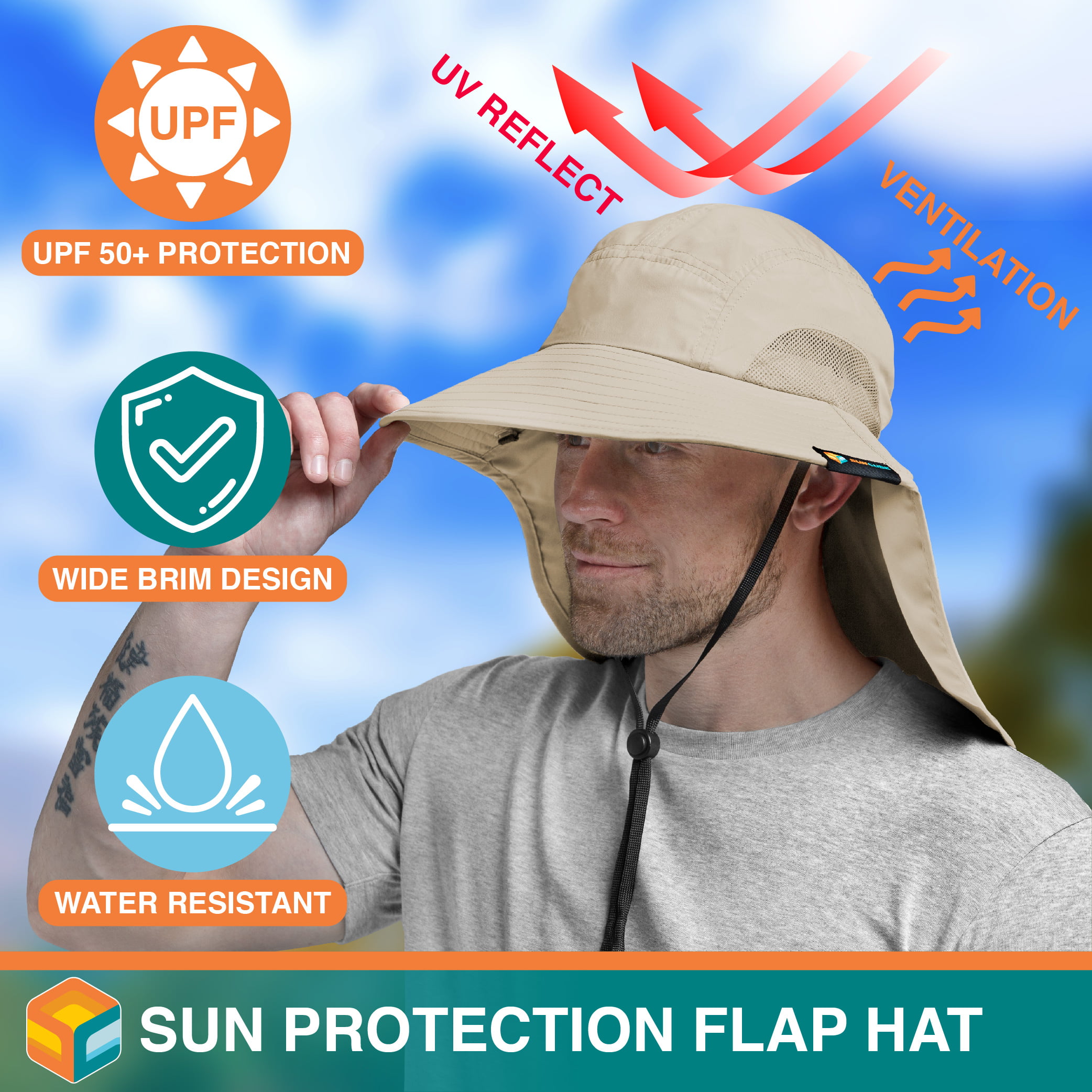 Sun Cube Fishing Hat for Men with UV Sun Protection Wide Brim, Face Cover, Neck Flap - Hiking Safari Outdoor UPF50+