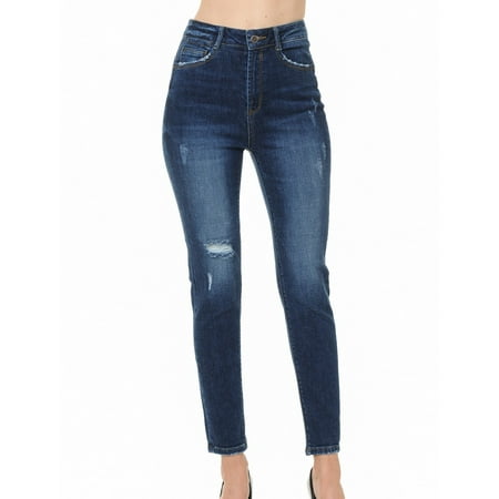 - Juniors' High Waist Knee Distress Skinny Jeans