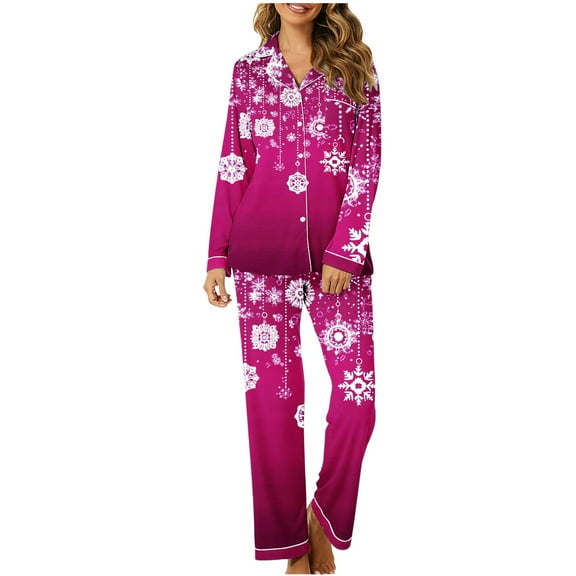 Christmas Pajama Set for Women Long Sleeve Button Down Sleepwear Festive Print Loungewear Soft Holiday Nightwear