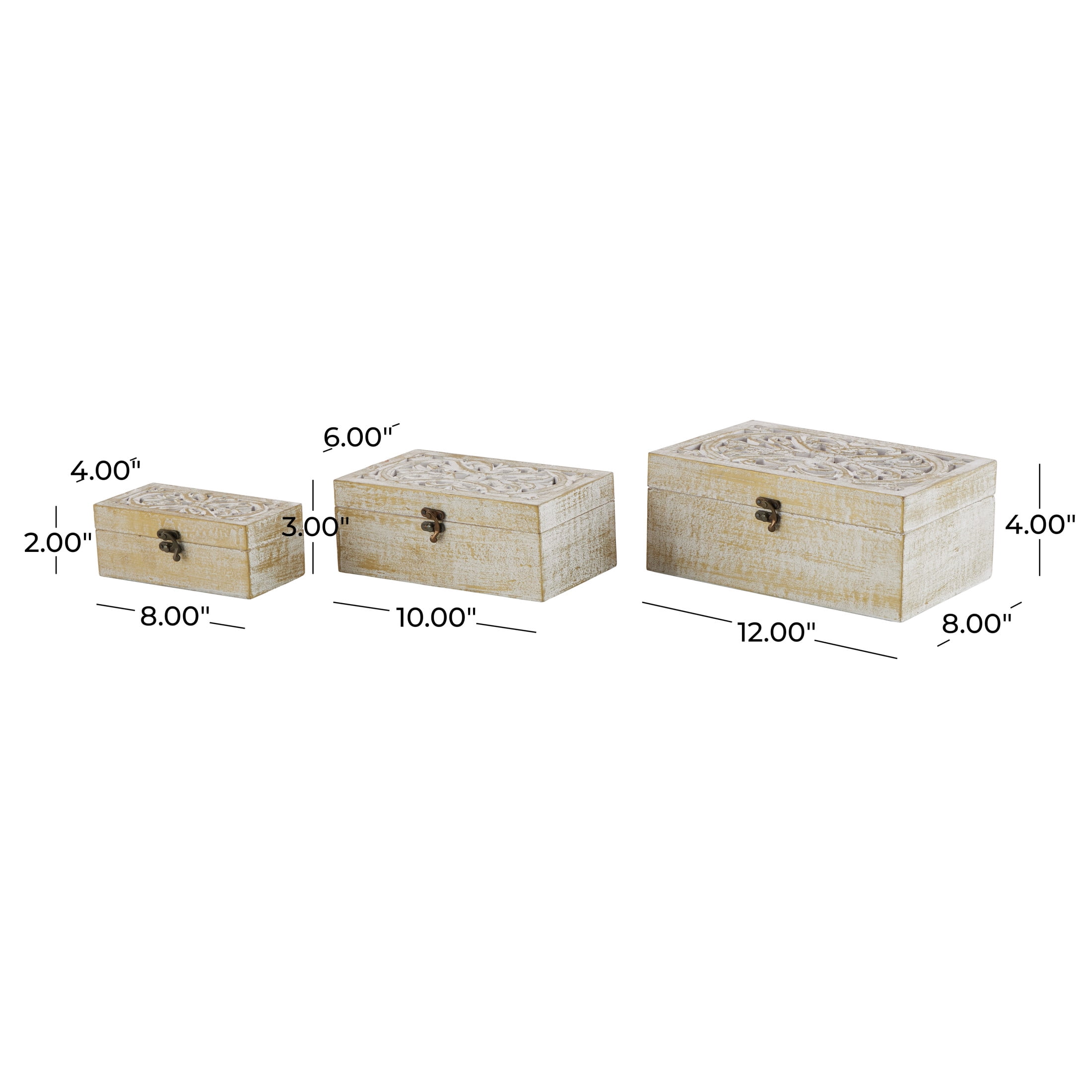 DecMode Floral Handmade White Mango Wood Decorative Box with Hinged Lid, 3 Count