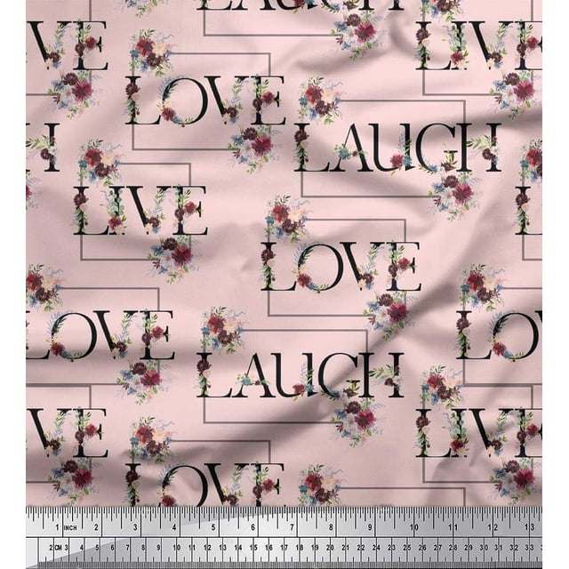 Soimoi Poly Georgette Fabric Floral Love Text Printed Fabric 1 Yard 52 Inch Wide