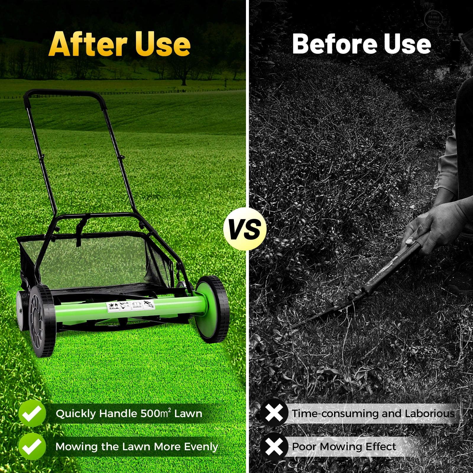 Manual Push Reel Lawn Mower, 20-Inch 5-Blade with 9-Position Height Adjustment, Grass Catcher, Low Noise Operation for Garden and Yard