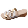 thumbnail image 6 of Rokment Glitter Metallic Wedges Dress Sandals for Women Vintage Gold Color Block Leather Linen Sole Open Toe Mid Heels Slip on Casual Summer Beach Slides Shoes Silver Size 6, 6 of 7