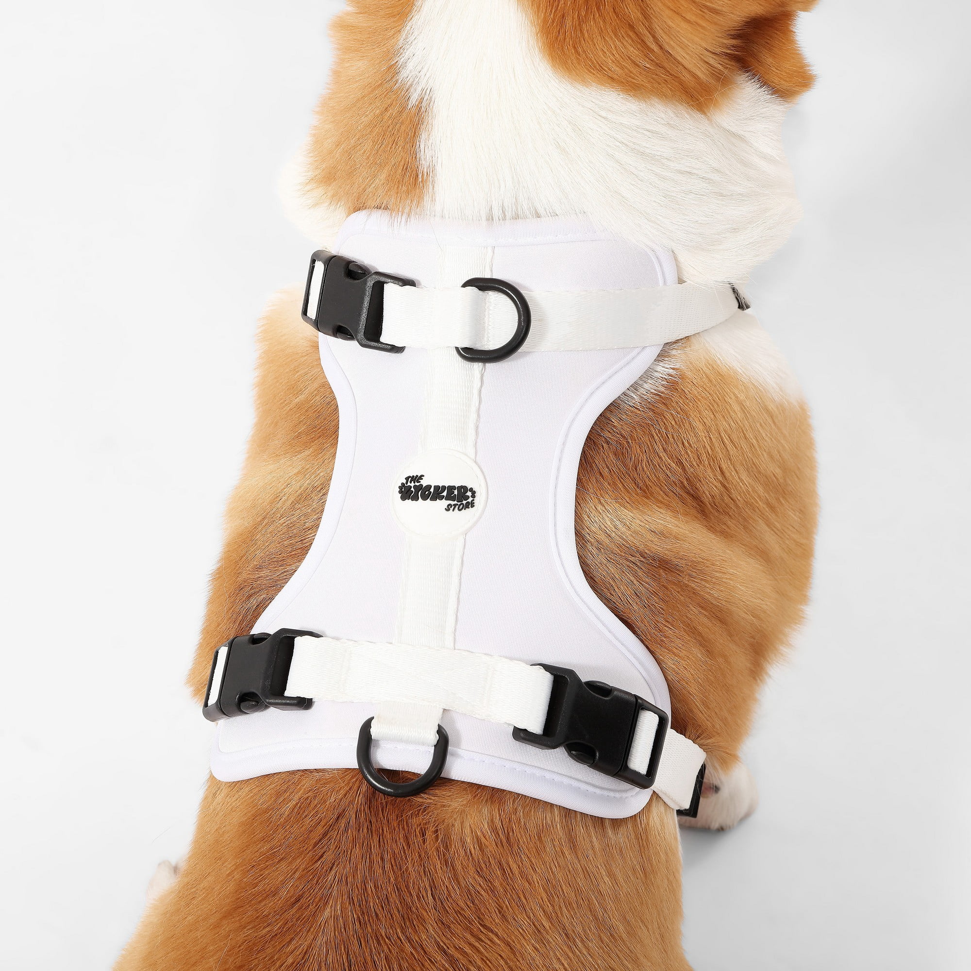 THE LICKER STORE Arlo Medium Adjustable Soft Padded No Pull Pet Harness with 3 Buckles and 3 Leash Clips, White, HNS1002F
