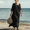 thumbnail image 2 of Women Cotton Linen Maxi Dress Half Sleeve Loose Fit Summer Lounge Long Dresses Trendy 2025 Crewneck Vacation Outfits, 2 of 6