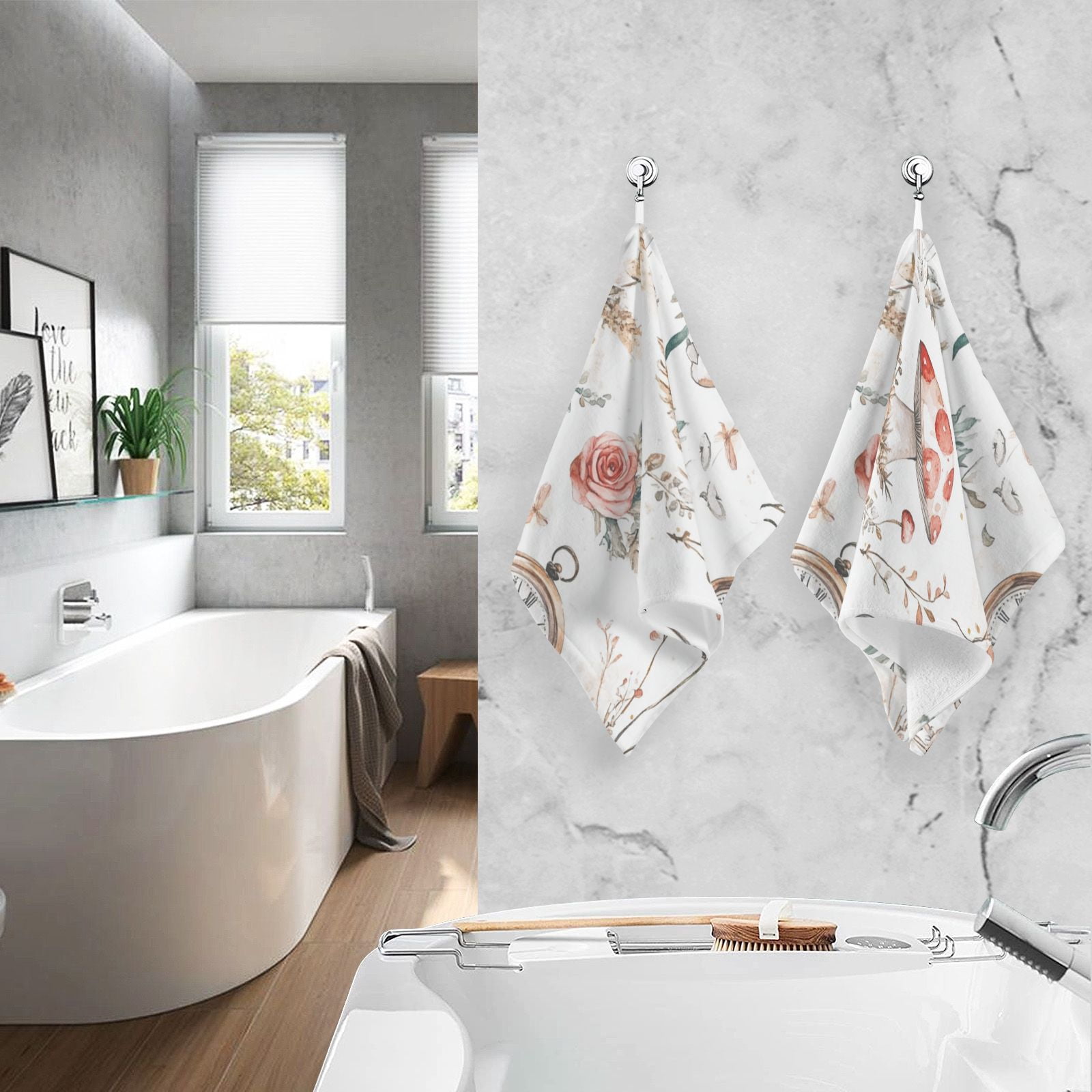 Mushrooms Roses Clocks Hand Towels Cotton Bath Towels Large Face Towels Absorbent for Bathroom 2 Packs