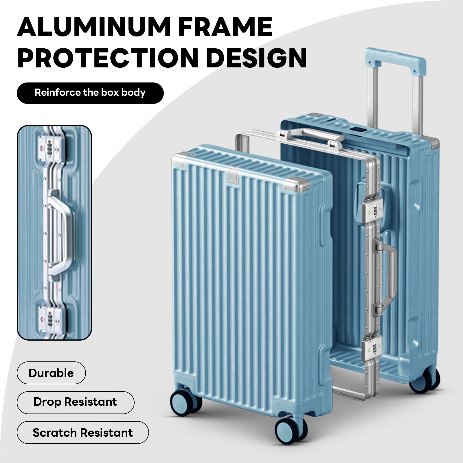 20in Carry on Luggage, Zipperless Aluminum Frame PC Hard Shell Luggage with 360 Spinner Wheels,TSA Lock,for Travel,Grayblue
