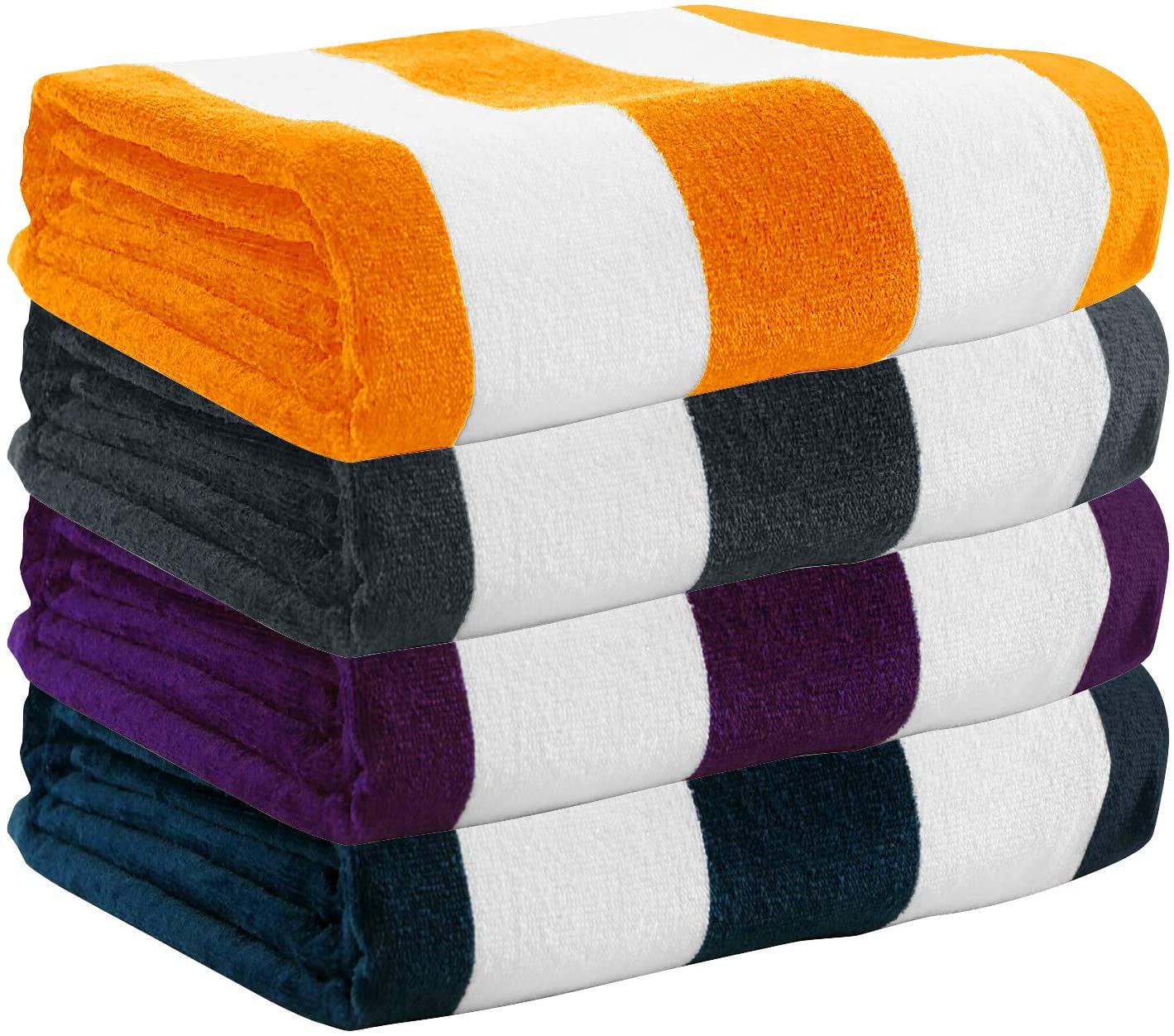 Navy, 4 Pack- 30 x 60 4 Pack Plush Velour 100% Cotton Beach Towels Cabana Stripe Pool Towels for Adults. 