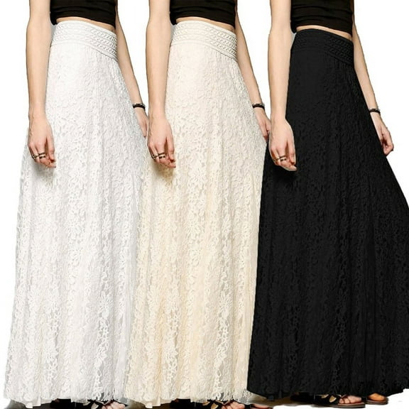 Women Long Lace Maxi Skirt Full Boho Skirt Beach Dress Elegant Fashion Pleated Tulle Skirt Wedding Clothes S-XL