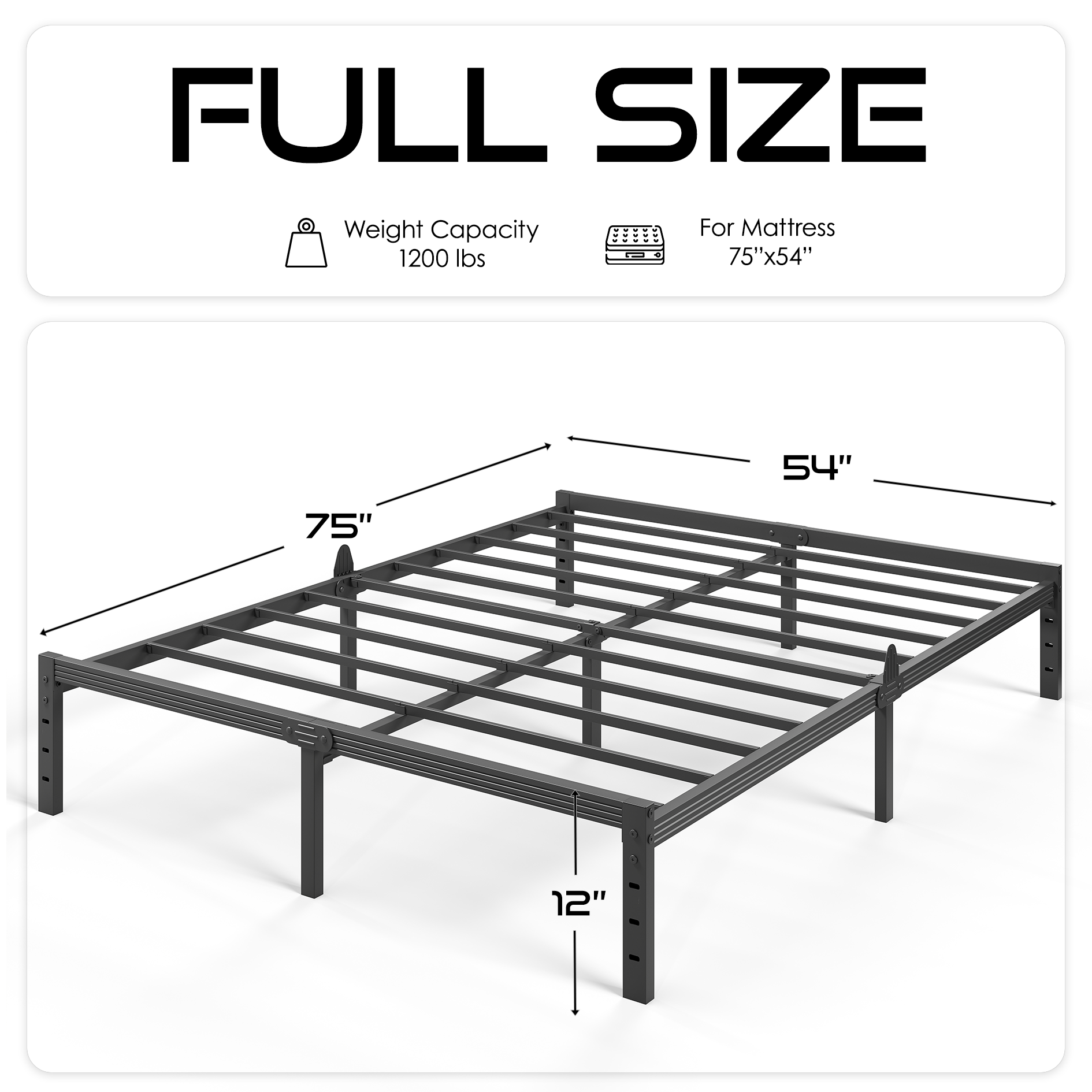 Auroral Zone 12 Inch Metal Platform Bed Frame, Full, Black photo 6