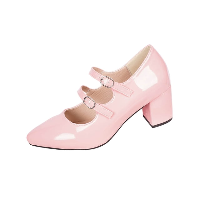 RXMEKW Patent Leather Mary Jane Pumps for Women with Block Heel for Plus Size, Pointed Toe & Adjustable Buckle Straps