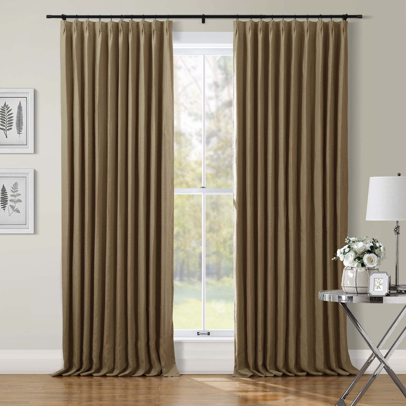 TWOPAGES Light Filtering Curtain 100% Linen Drape Pinch Pleat Window Treatment, 1 Panel, 52"x108", Chocolate