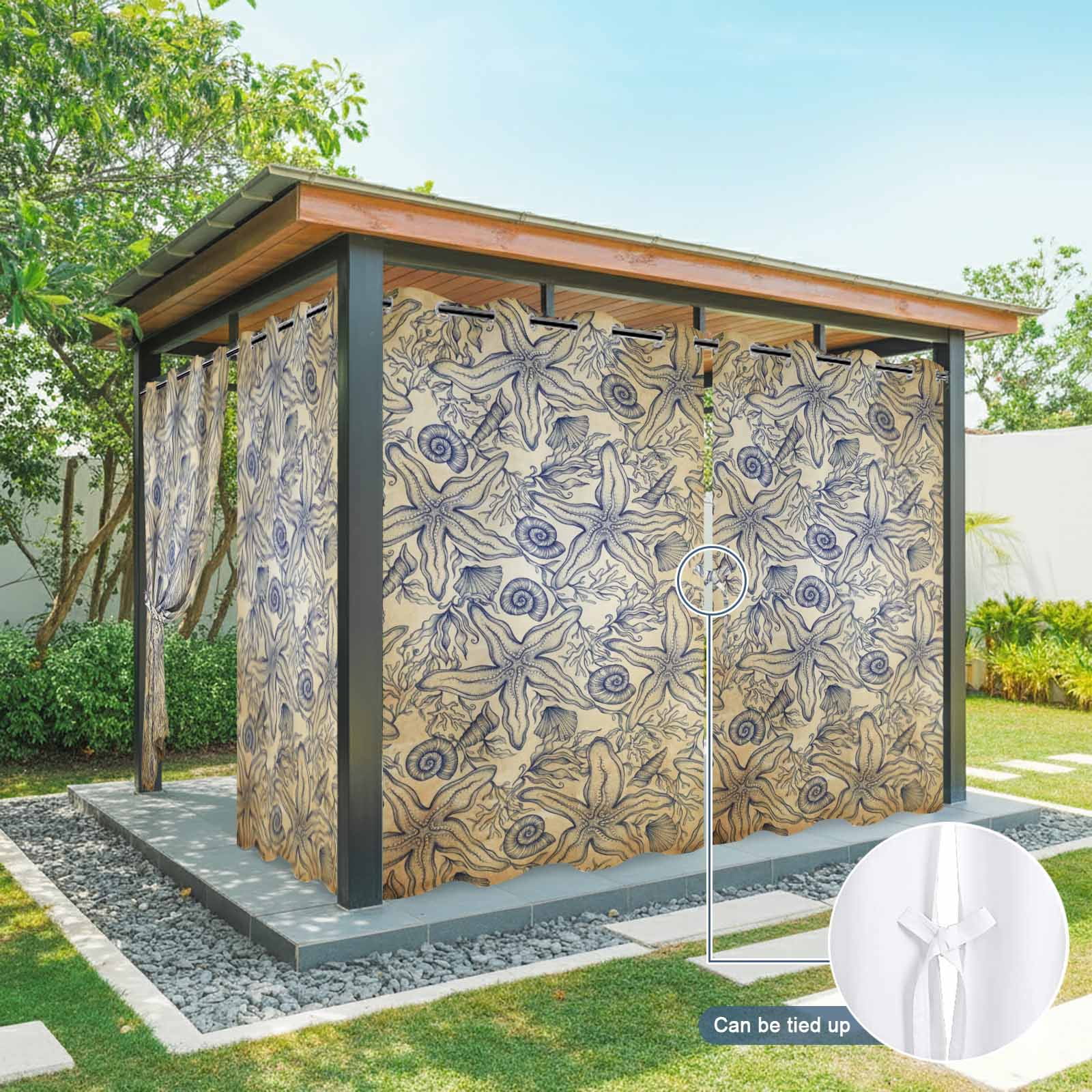 Vintage Ocean Flower Outdoor Curtains for Patio, Retro Nautical Brown Sea Shell Floral Sunshade Privacy Drapes Grommet Waterproof Outside Curtains for Porch/Cabana/Balcony 54"x 108", 1 Panel